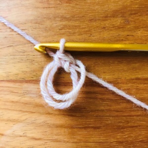 かぎ針編み、輪の作り目に細編みを1目入れたところ