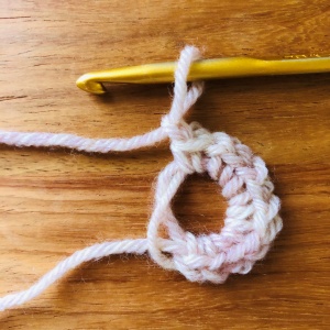 かぎ針編み、輪の作り目の1段目が編み終わった