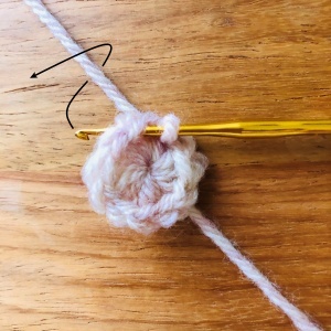かぎ針編み、輪の作り目の1段目が編みあがった、最後の引き抜き編み