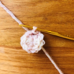 かぎ針編み、丸いモチーフの1段目、糸を引き抜き終わった