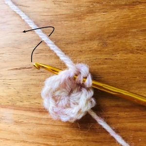 鉤針編み、円の2段目に長編みを編む