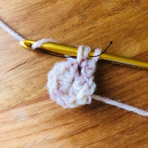 かぎ針編み、円の2段目に長編みを編んでいるところ