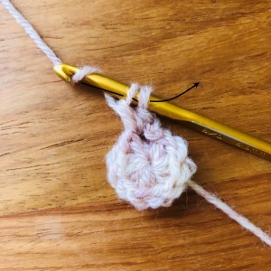 かぎ針編み、円の2段目に長編みを編む